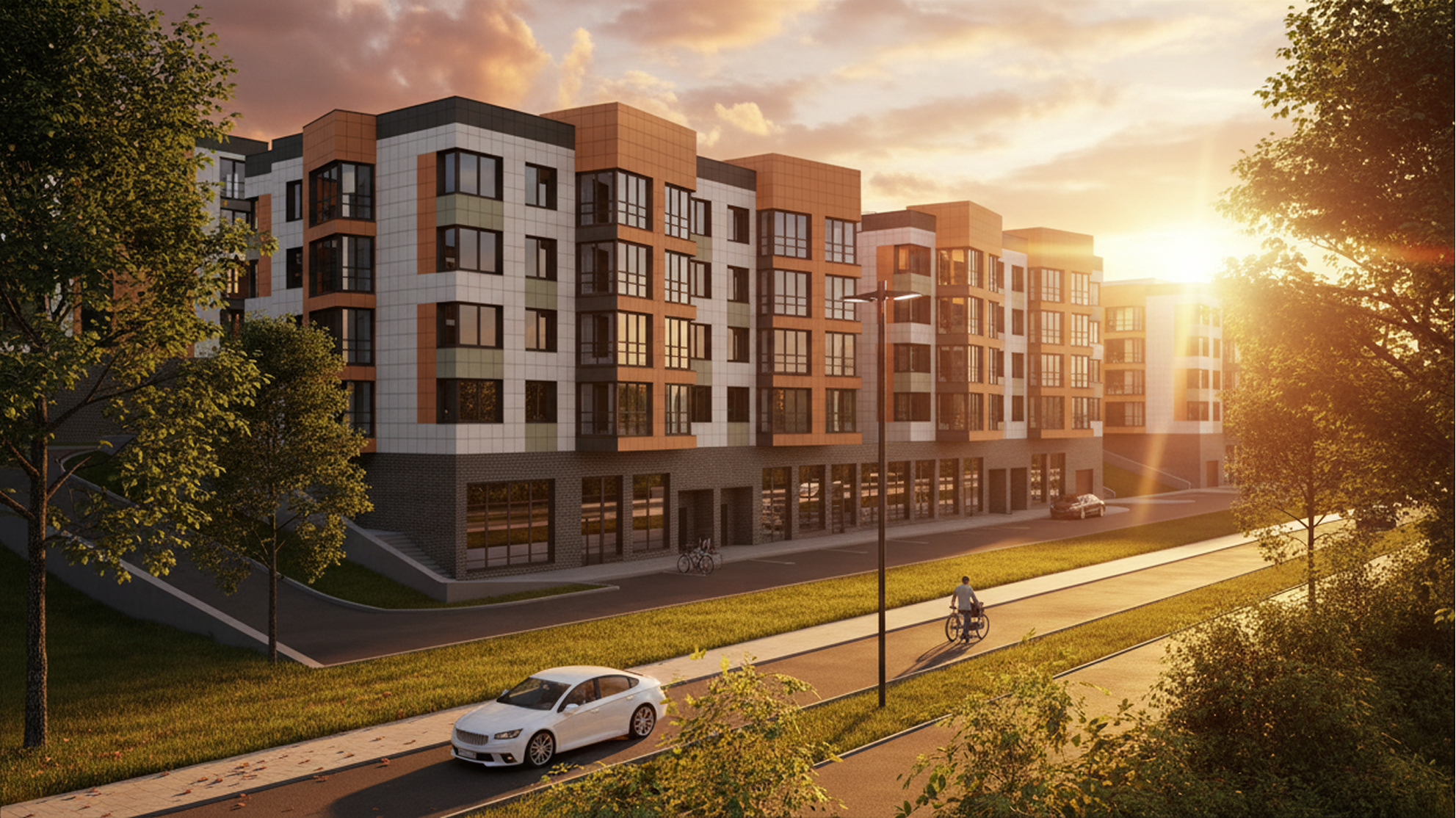 В жилом комплексе всего пять домов, в каждом из которых по четыре этажа. Это значит, что здесь всегда будет тихо и спокойно. Вы будете знать всех соседей и чувствовать себя в безопасности